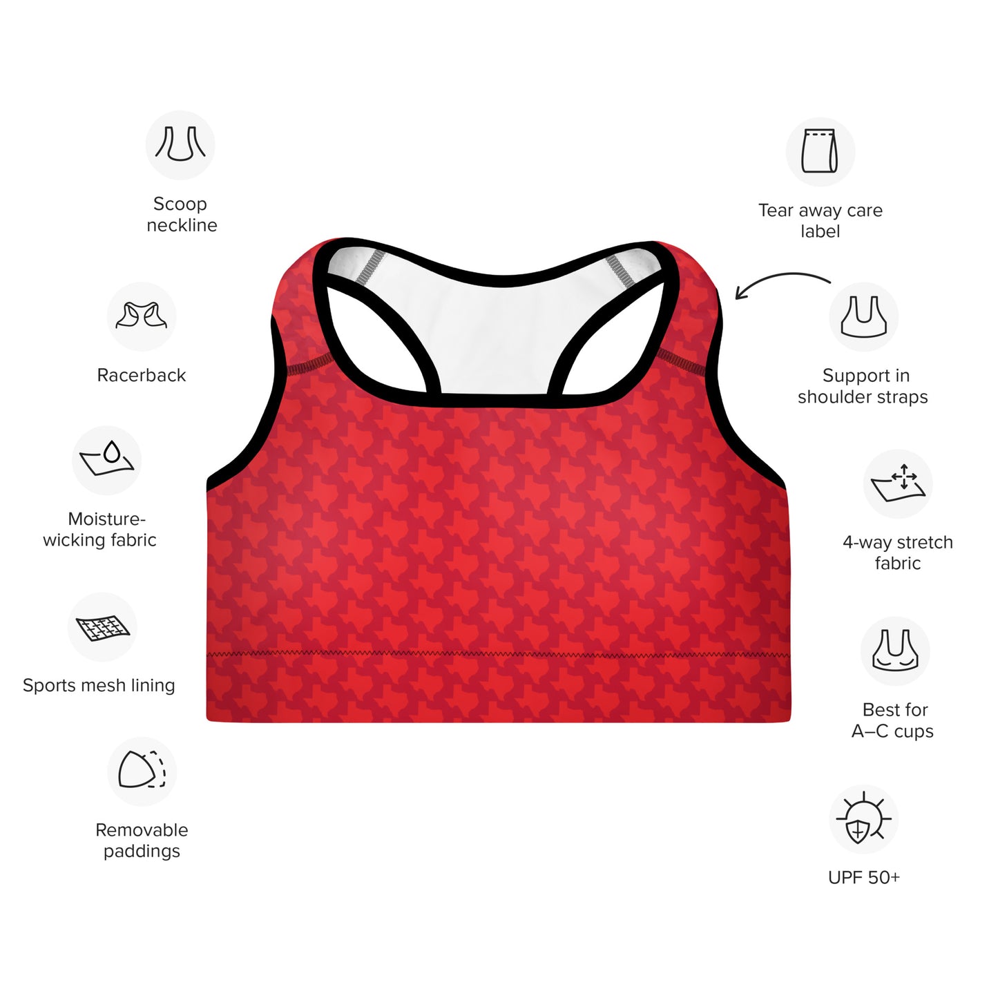 Texas - Red - Padded Sports Bra